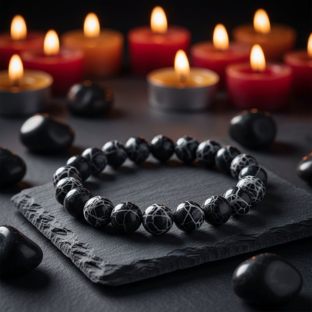 Natural Black Web Jasper Bracelet on dark slate with jasper stones and candlelight