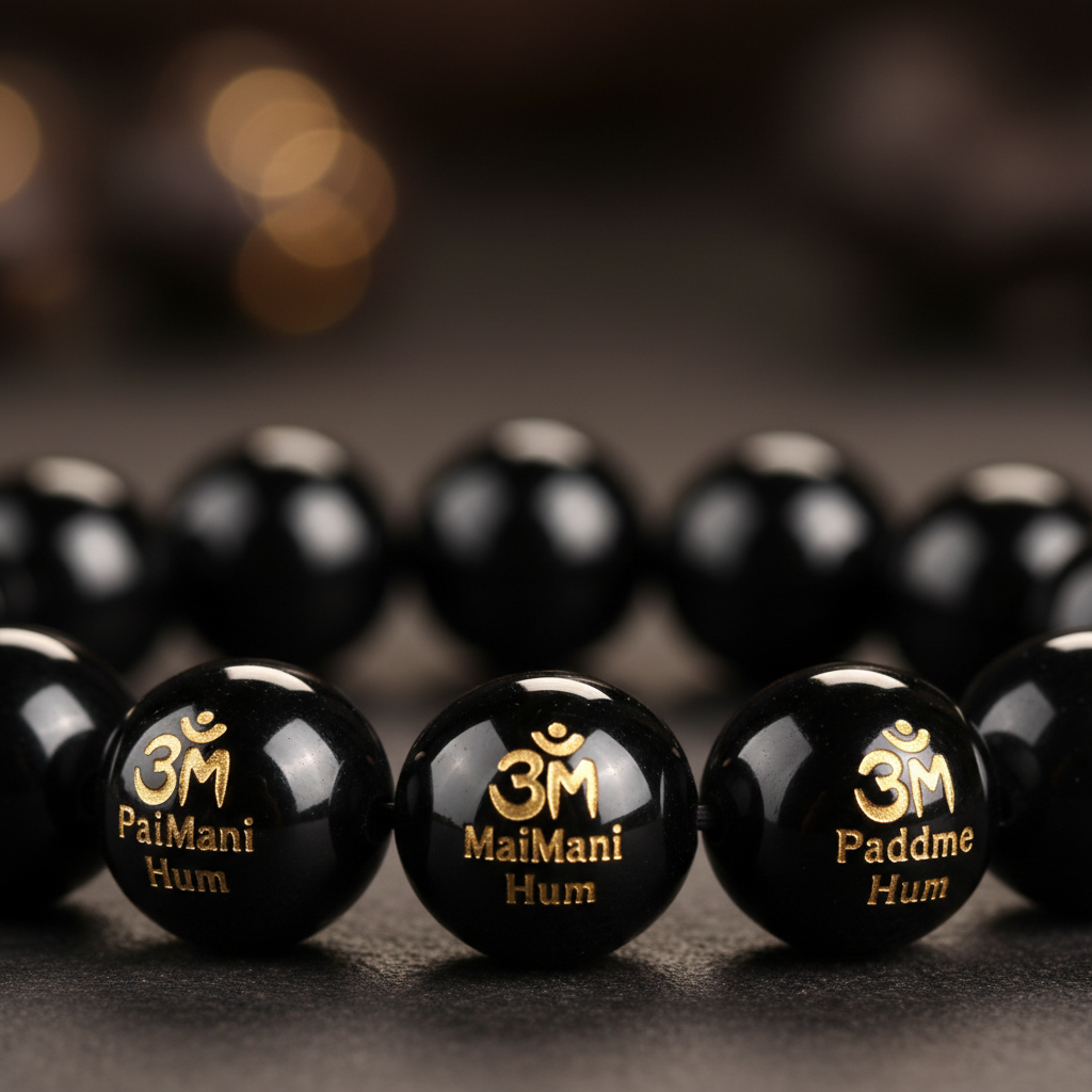 Natural OM Mani Padme Hum Black Onyx Bracelet close-up showing Tibetan script engraved in gold on black beads