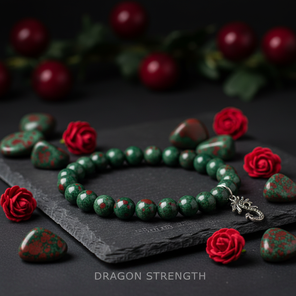 Natural Dragon Bloodstone Bracelet on dark slate with bloodstone tumble stones and red flowers