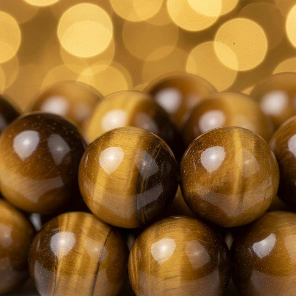 Natural Yellow Tiger Eye Bracelet bead close-up showing chatoyancy