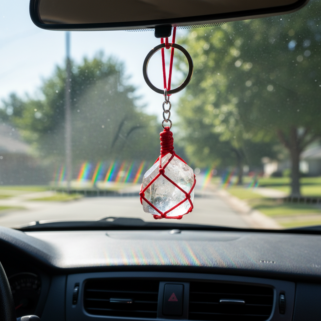 Clear Quartz Keychain as car hanging with rainbow prism