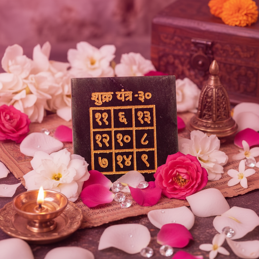 Shukra Yantra on Lakshmi pooja altar with pink flowers