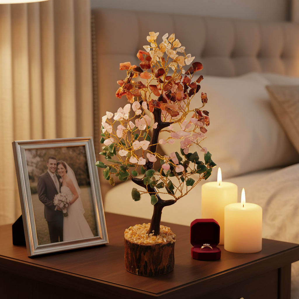 Marriage Crystal Tree on couple's bedside table
