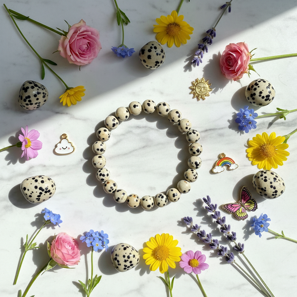 Natural Dalmatian Jasper Bracelet flat lay with jasper stones and colorful flowers