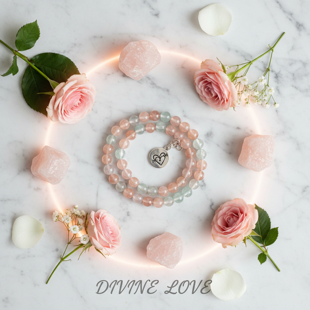 Morganite Beryl Aqua Bracelet flat lay with morganite crystals and pink flowers