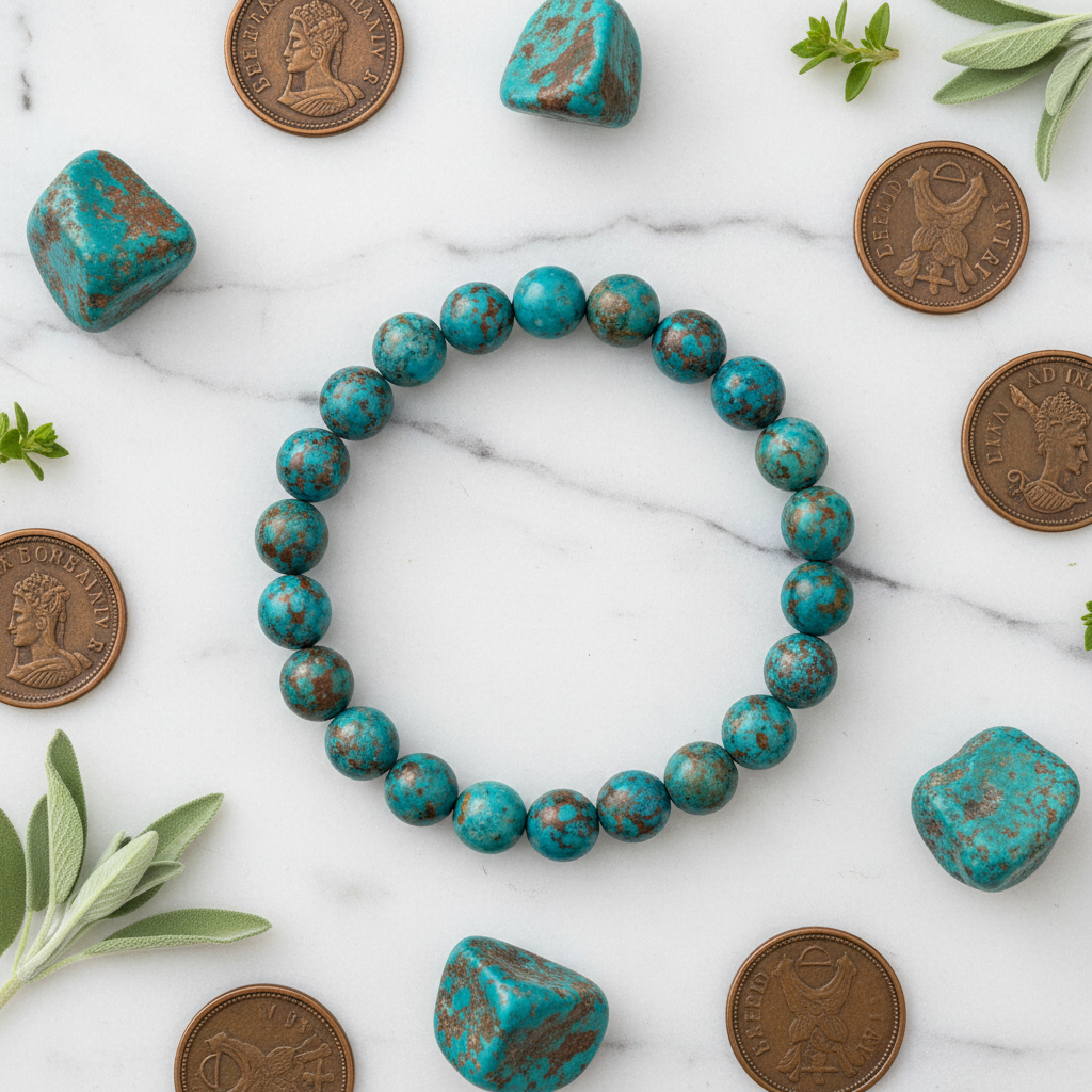 Natural Copper Turquoise Bracelet flat lay with turquoise stones and copper coins