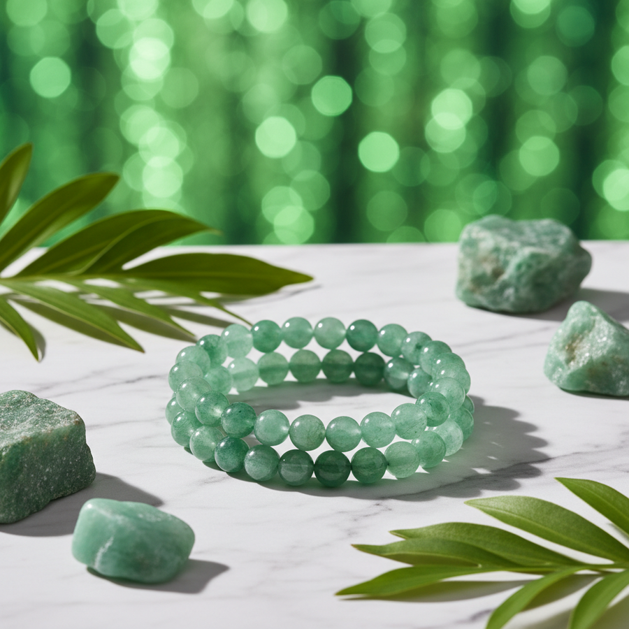 Natural Green Aventurine Bracelet on white marble with green leaves