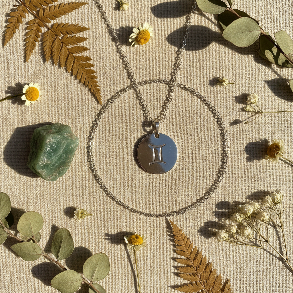 Gemini pendant flat lay with silver chain green aventurine stone and dried botanicals