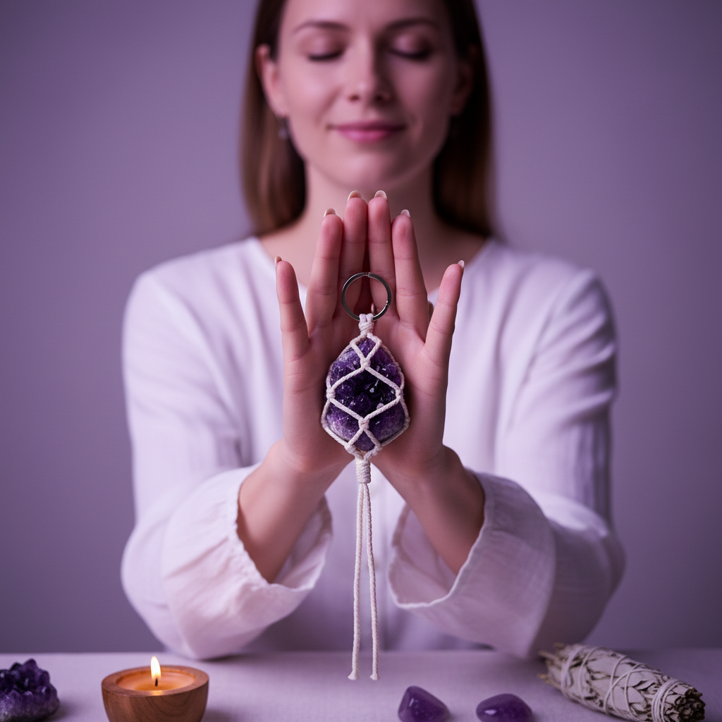 Amethyst Keychain held during meditation