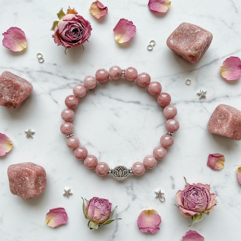 Natural Pink Rhodonite Bracelet flat lay with rhodonite stones and pink roses