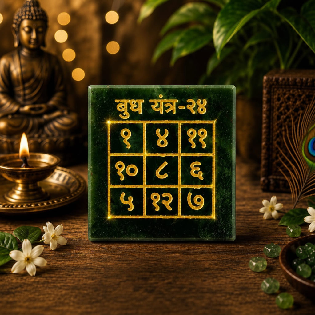 Budh Yantra close-up showing golden Sanskrit numerals