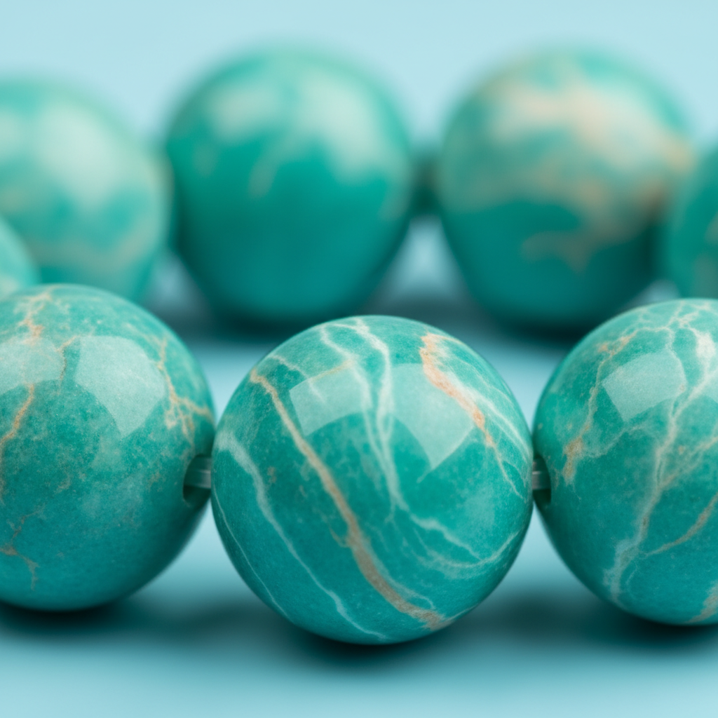 Natural Amazonite Bracelet bead close-up showing vibrant turquoise-green with white veining