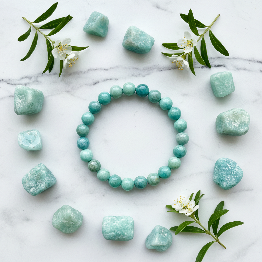 Natural Multi Amazonite Bracelet flat lay with multi-shade amazonite stones and green leaves