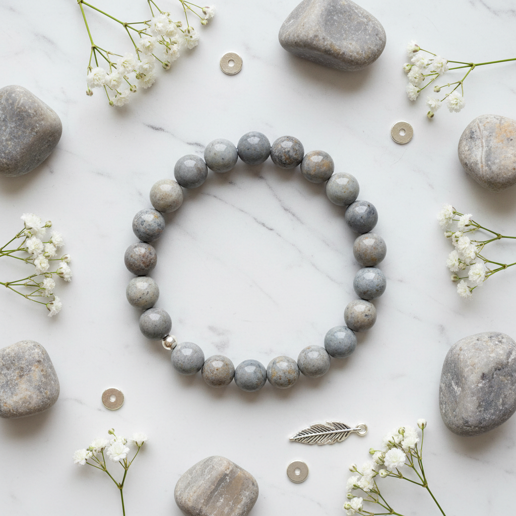 Natural Grey Jasper Bracelet flat lay with grey jasper stones and white flowers