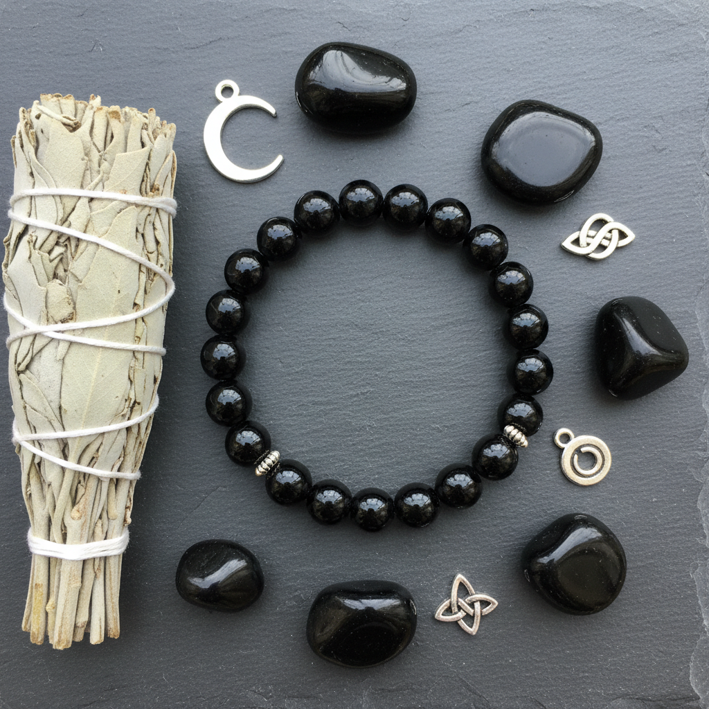 Natural Black Obsidian Bracelet flat lay with obsidian stones and white sage