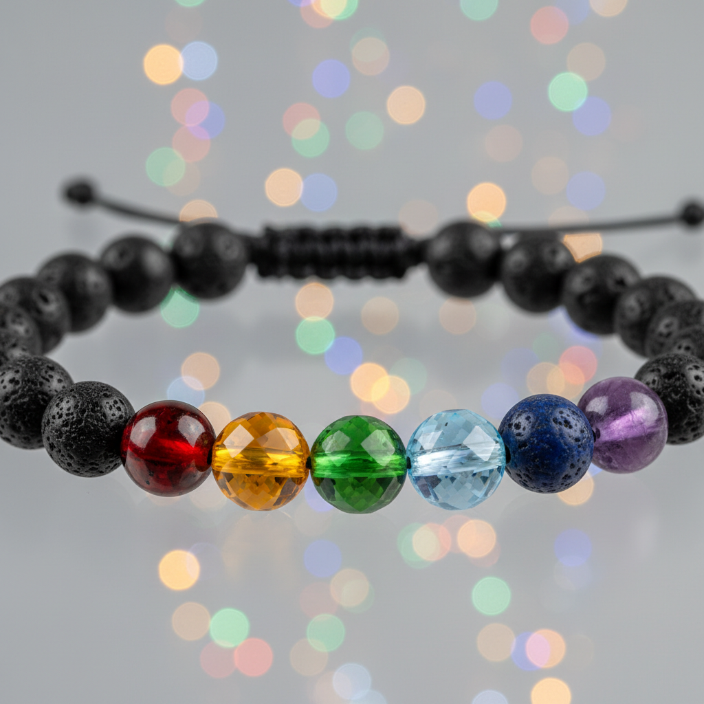7 Chakra Lava Bracelet close-up showing rainbow crystal beads and lava stones