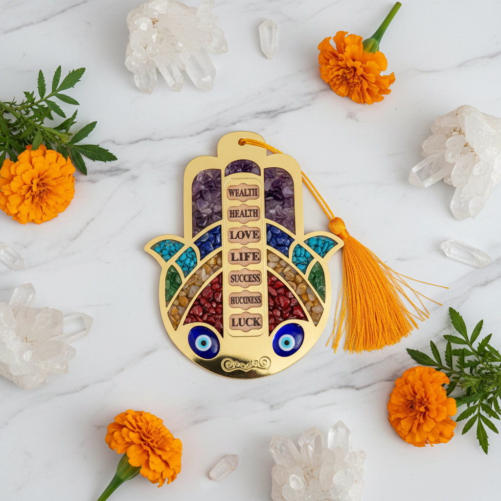 Gold Hamsa hand wall hanging with colorful crystal chip sections on marble with marigold flowers
