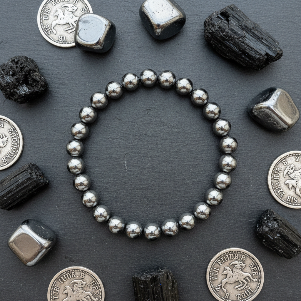 Natural Hematite Bracelet flat lay with hematite stones and silver coins