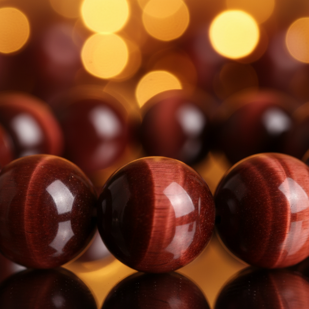 Natural Red Tiger Eye Bracelet bead close-up showing chatoyancy