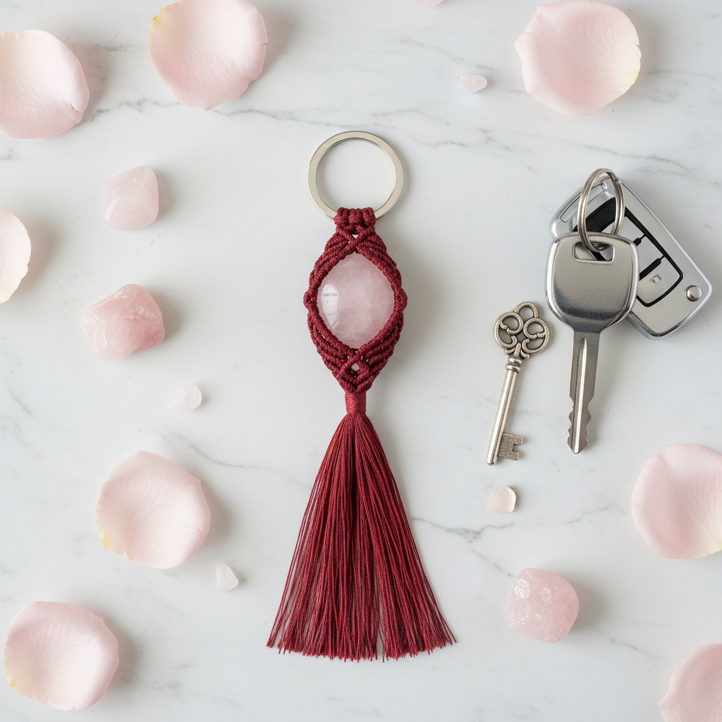 Rose Quartz Keychain flat lay with rose petals