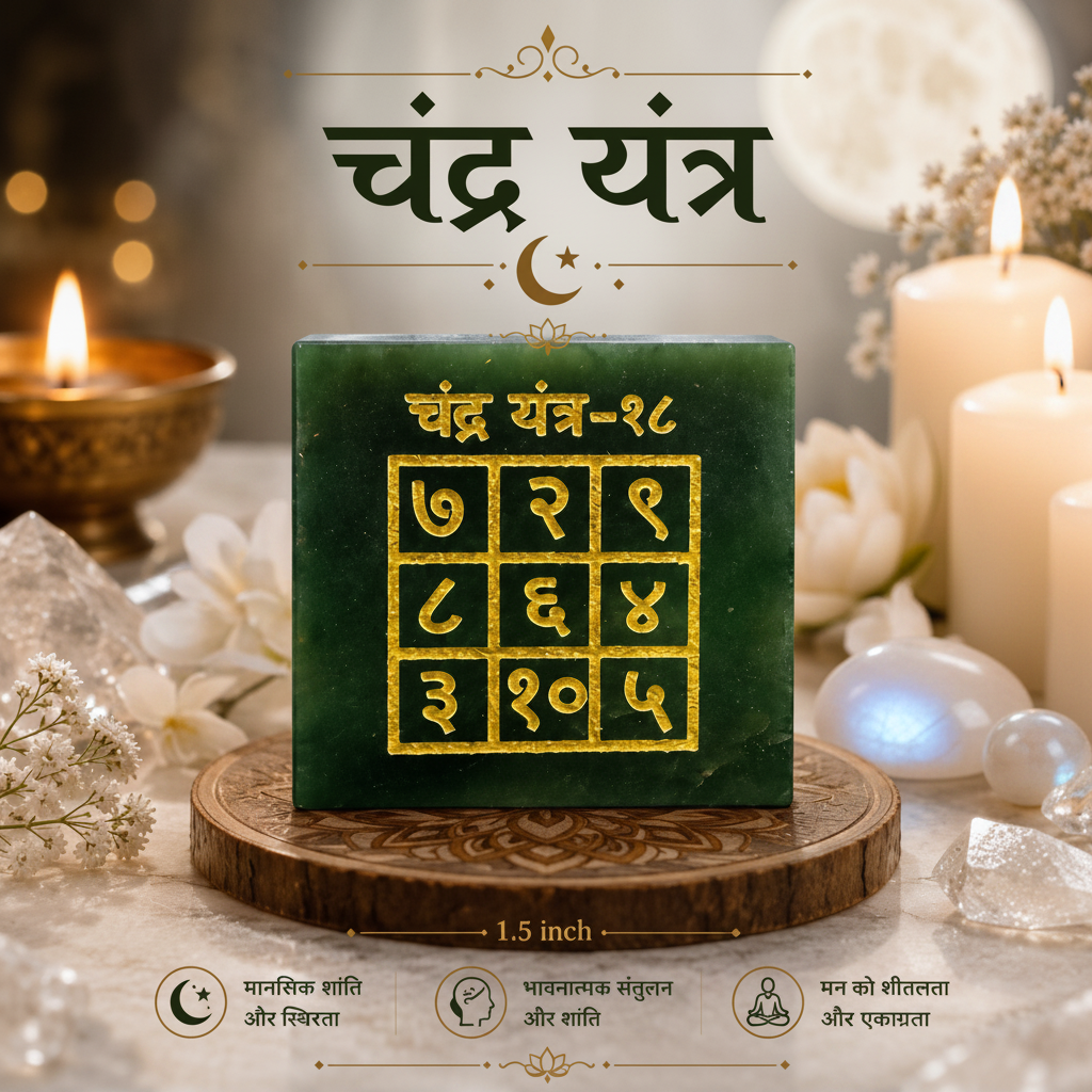 Chandra Yantra on pooja altar with white flowers and silver lamp