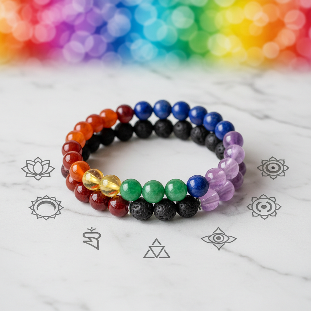 7 Chakra Lava Bracelet on white marble with rainbow crystal stones