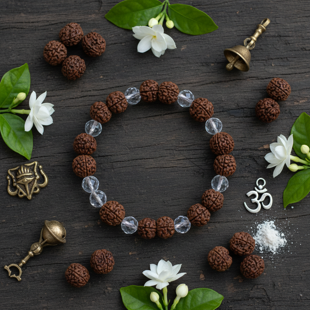 Rudraksha Crystal Bracelet flat lay with rudraksha seeds and sacred elements