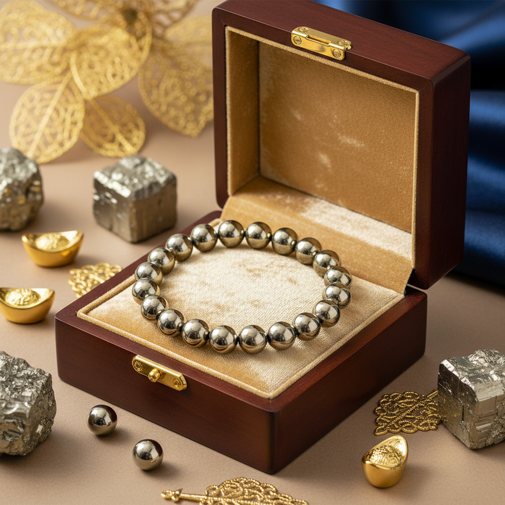 Natural Pyrite Bracelet in premium gift box with golden velvet