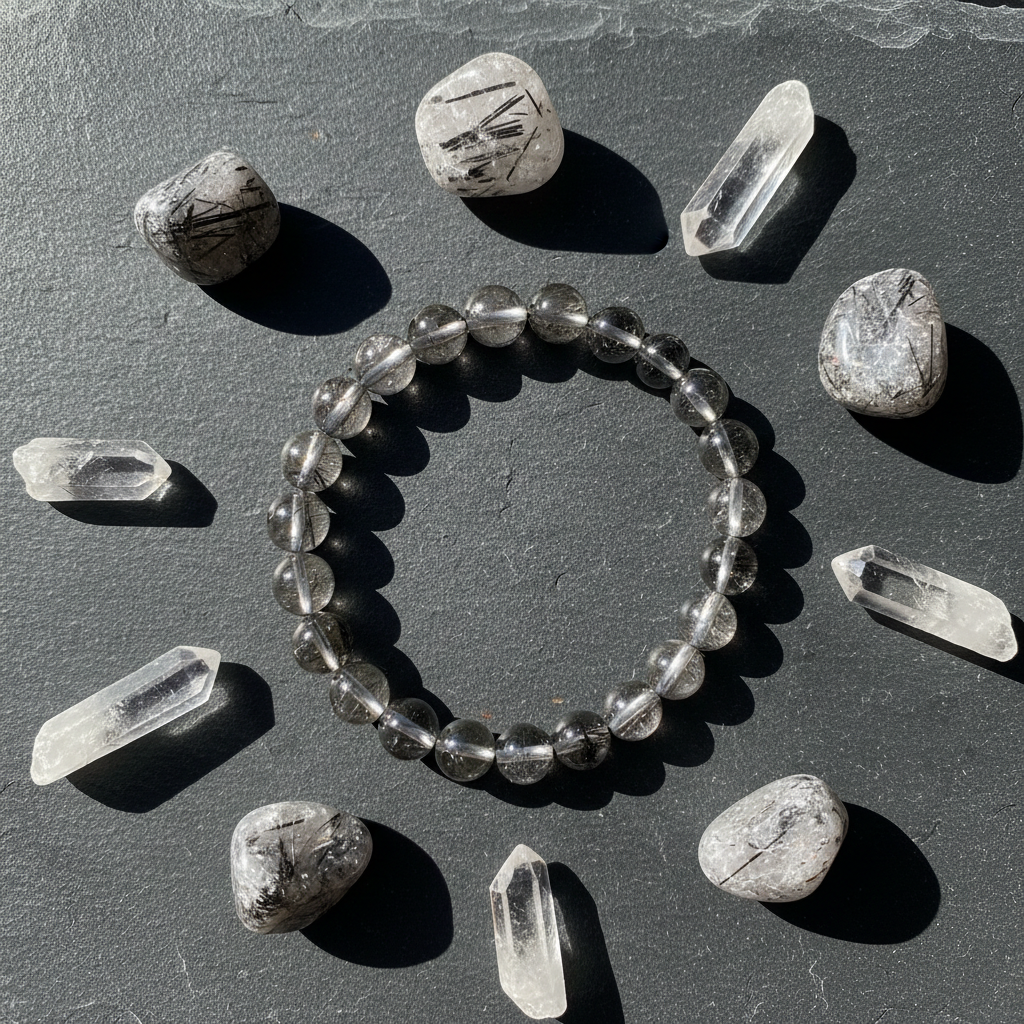 Natural Black Rutile Quartz Bracelet flat lay with rutile quartz stones and crystal points