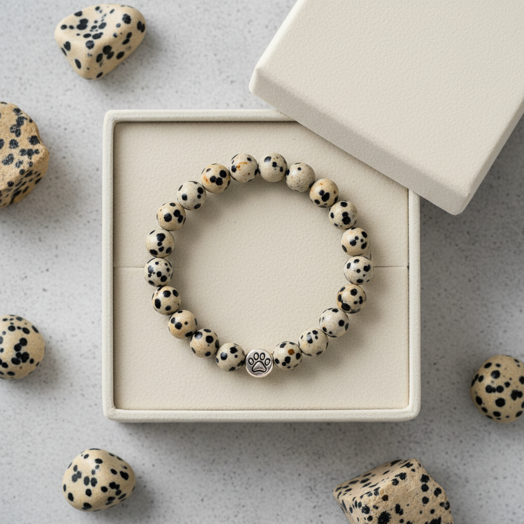 Natural Dalmatian Jasper Bracelet in premium gift box with cream velvet