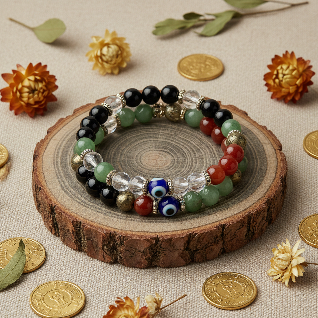 Dhan Dhara Dhanyog Bracelet on wooden slice with gold coins