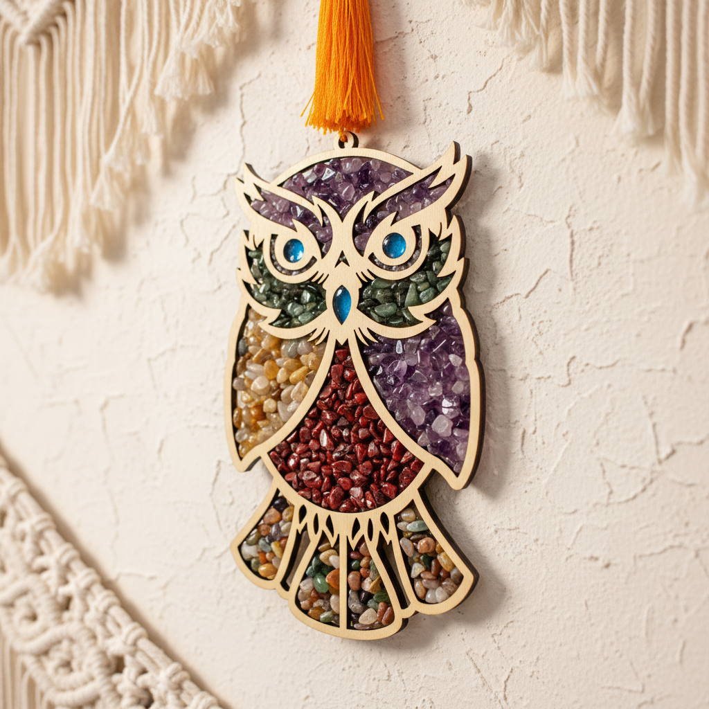 Wooden crystal owl wall hanging on cream boho home decor wall with warm light