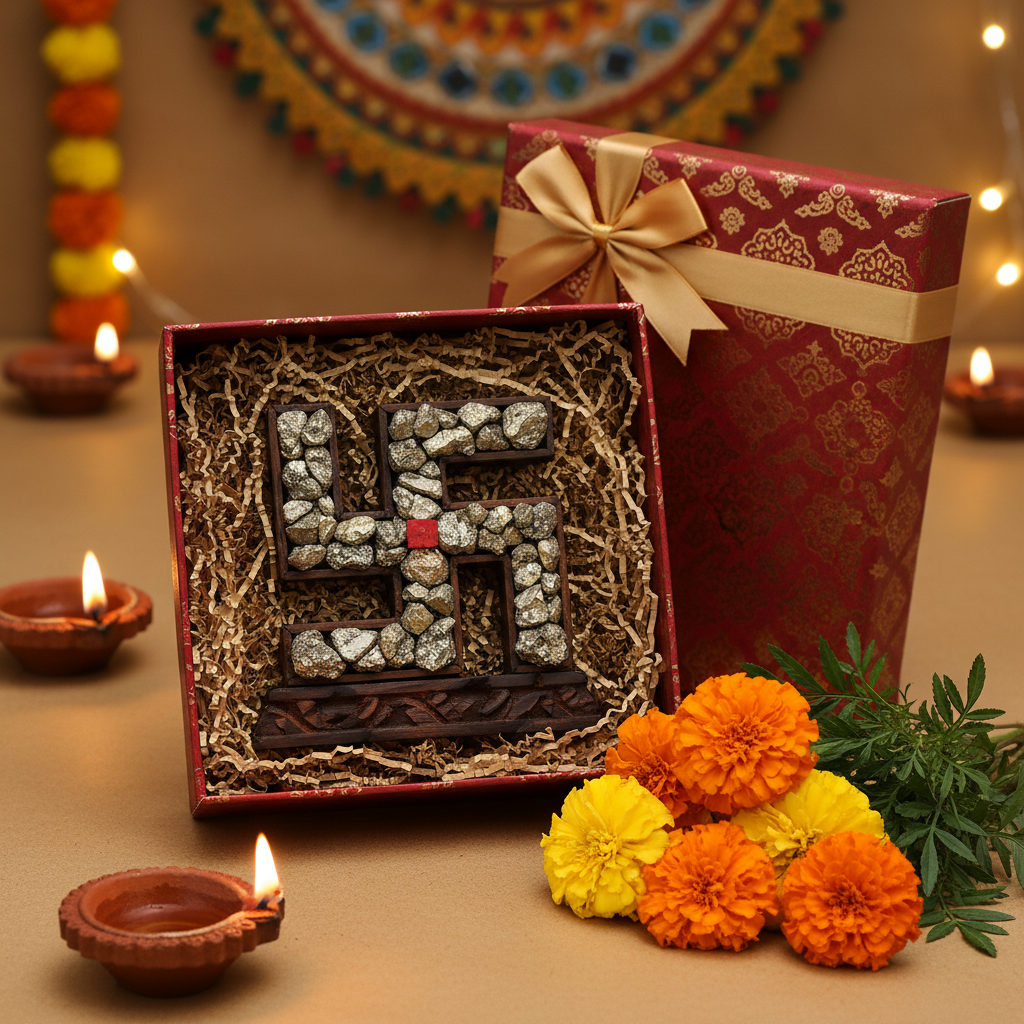 Pyrite Swastik in premium gift packaging with marigold flowers and diyas