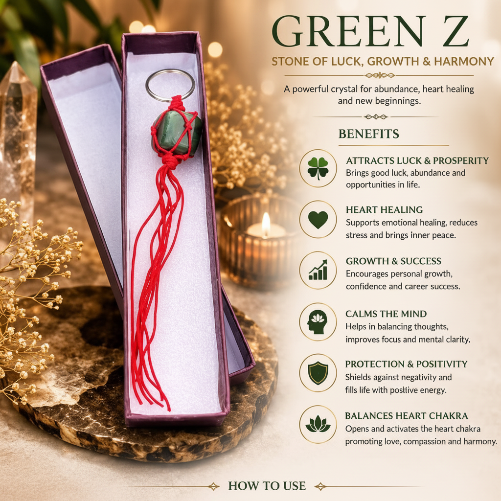 Green Z Crystal Keychain in premium gift box with flowers