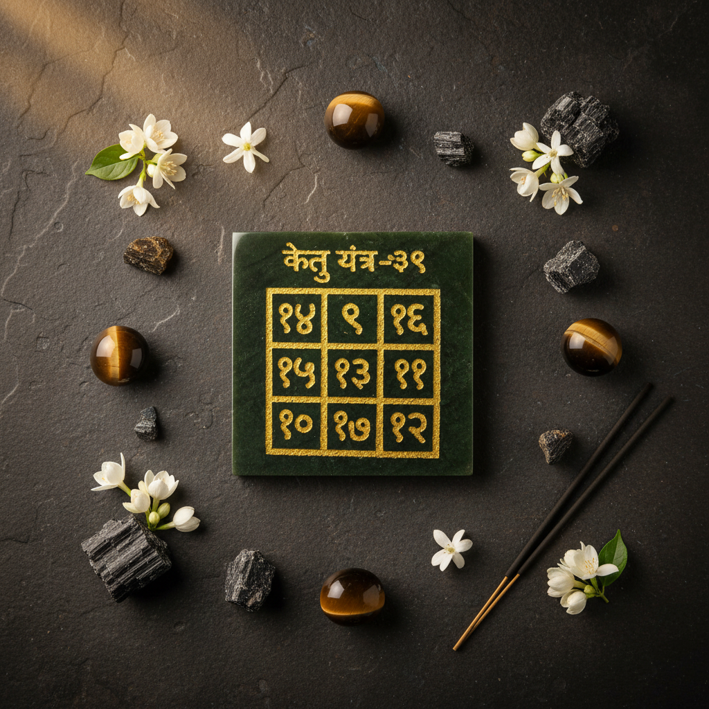 Ketu Yantra flat lay with cat's eye crystals and jasmine