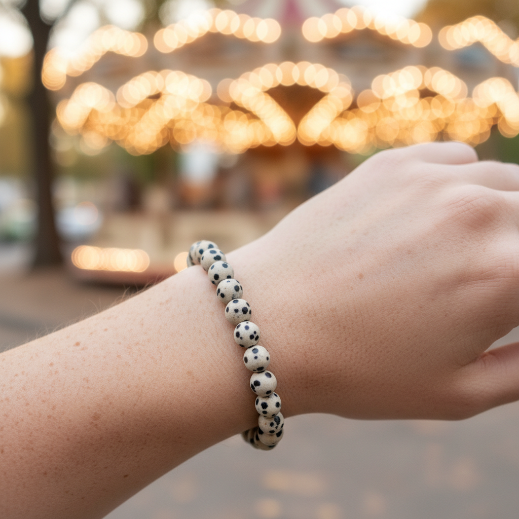 Natural Dalmatian Jasper Bracelet worn on wrist