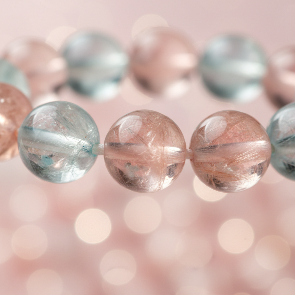 Morganite Beryl Aqua Bracelet bead close-up showing peachy-pink and aqua translucent glow