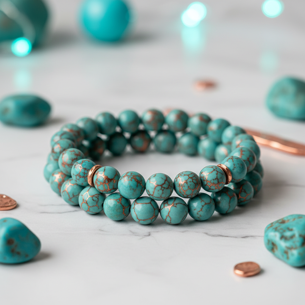 Natural Copper Turquoise Bracelet on white marble with turquoise stones