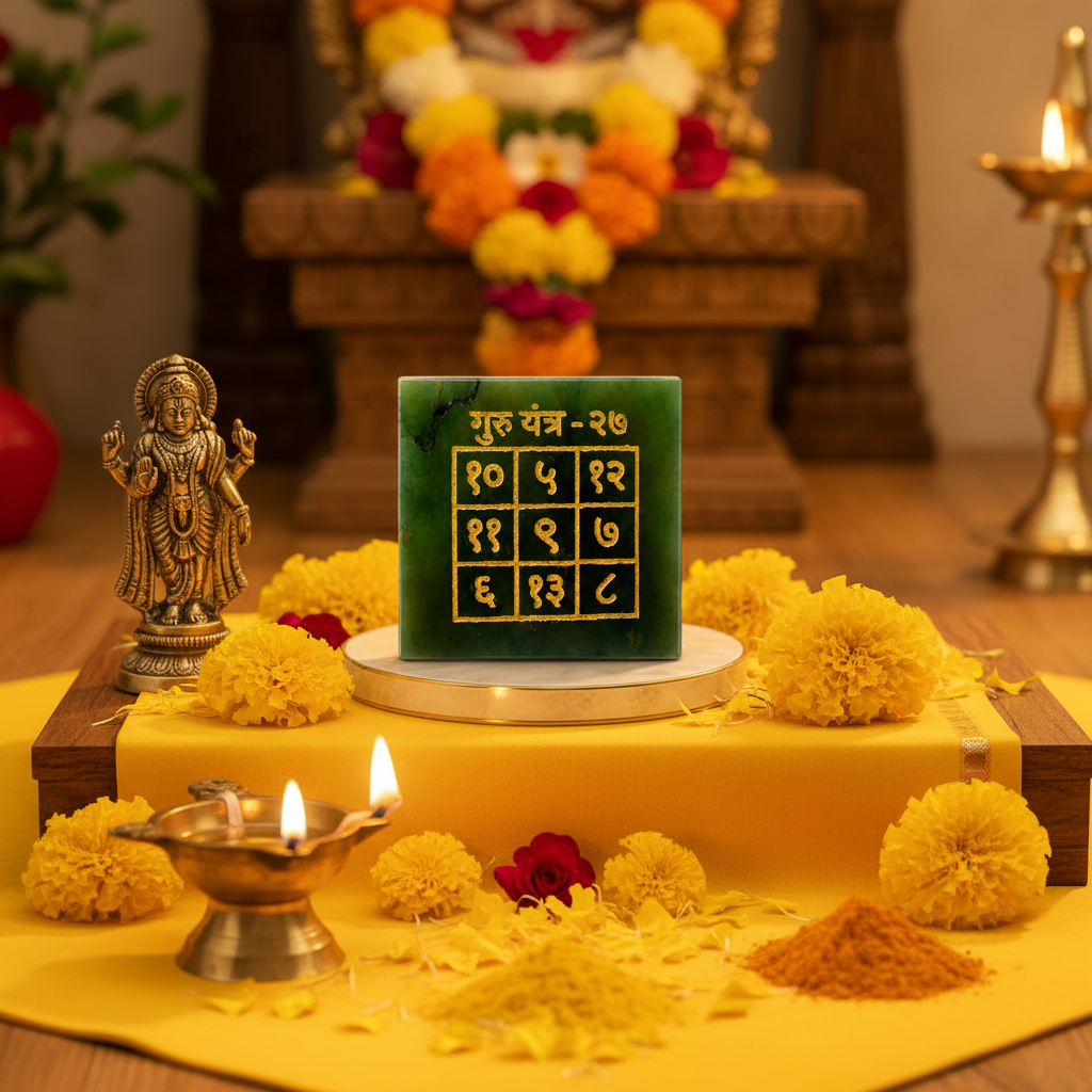 Guru Yantra on Brihaspati pooja altar with yellow flowers