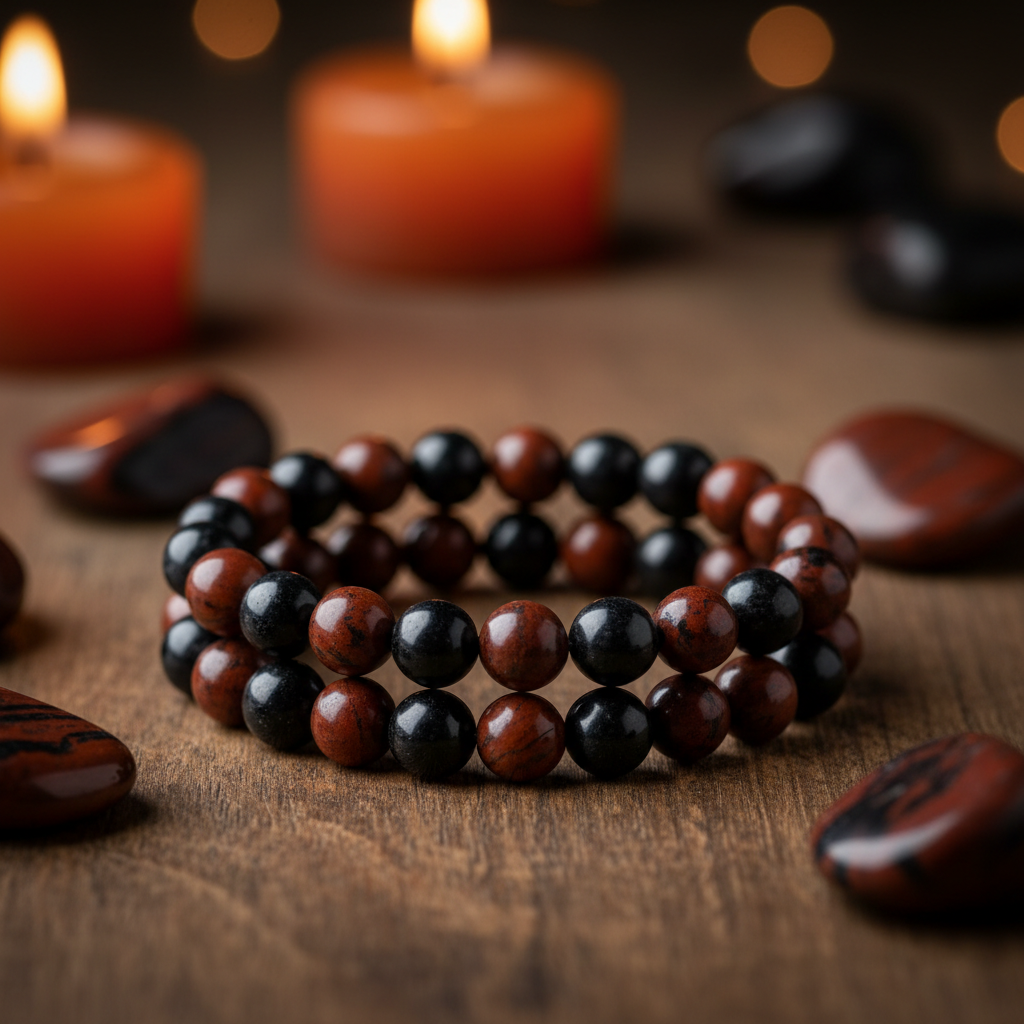 Natural Mahogany Obsidian Bracelet on dark wood with obsidian stones and candlelight