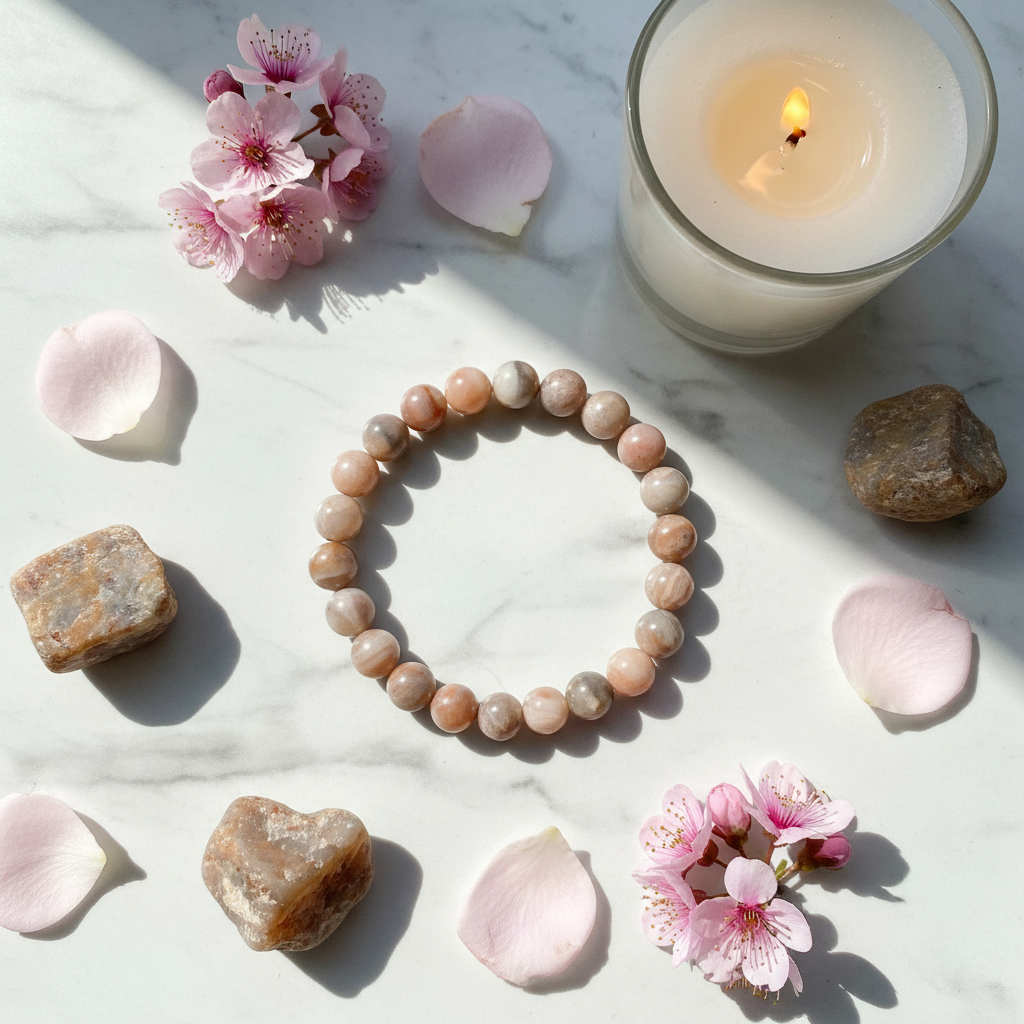 Natural Botswana Agate Bracelet flat lay with agate stones and pink flowers