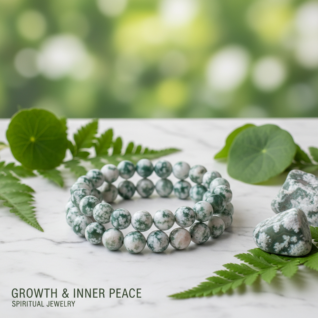 Natural Tree Agate Bracelet on white marble with tree agate stones and green leaves