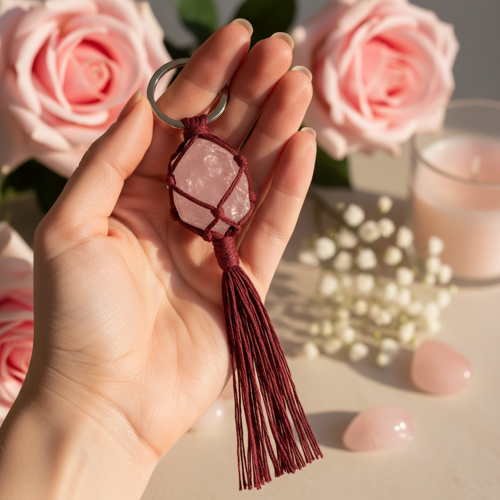 Rose Quartz Keychain held in hands