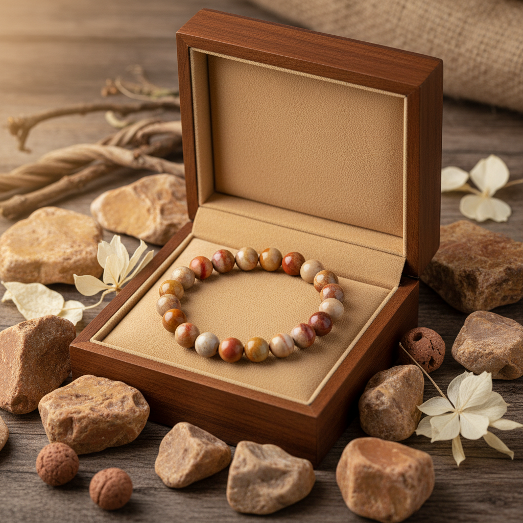 Natural Camel Jasper Bracelet in premium gift box with beige velvet
