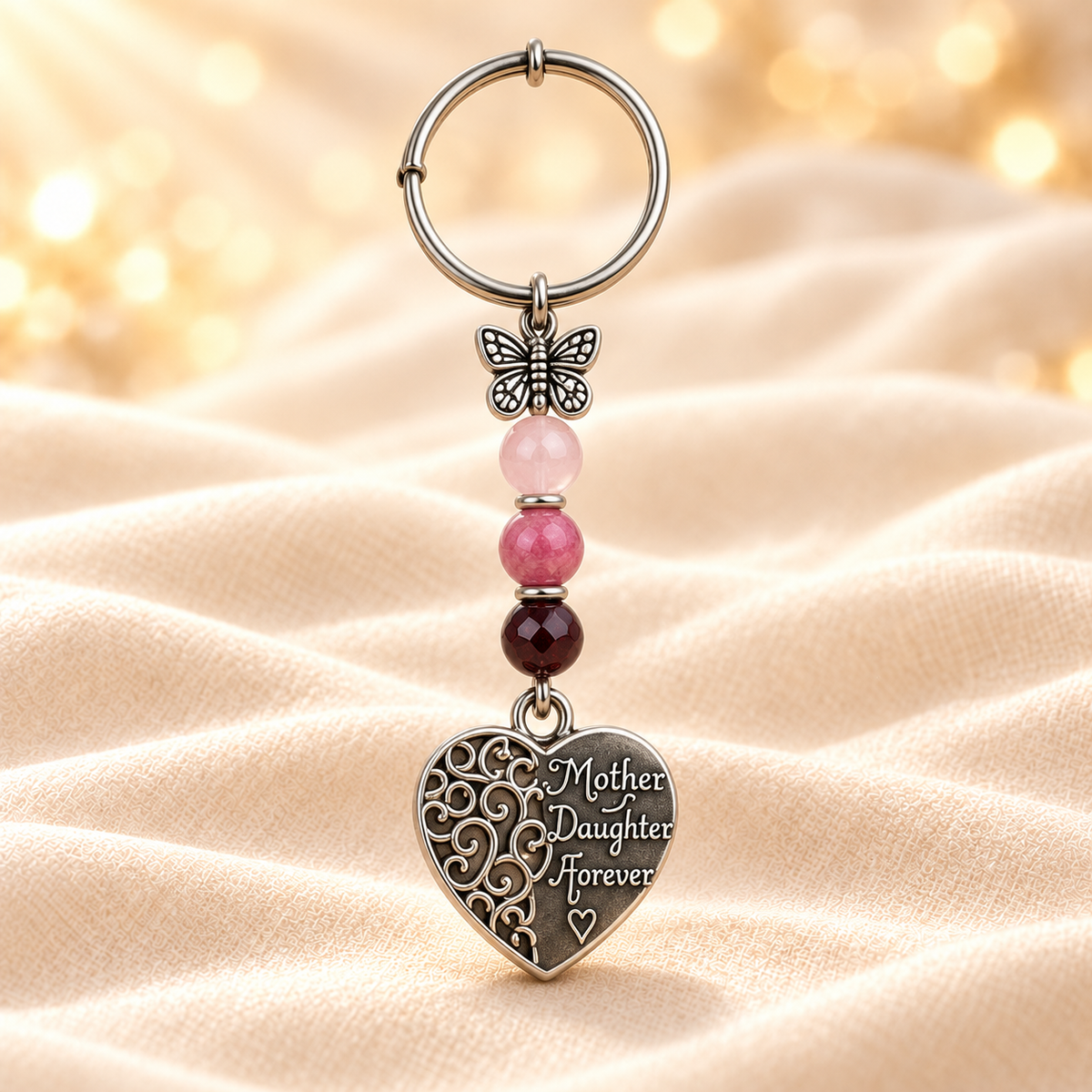 Heart-Themed Crystal-Inspired Keychain on champagne fabric