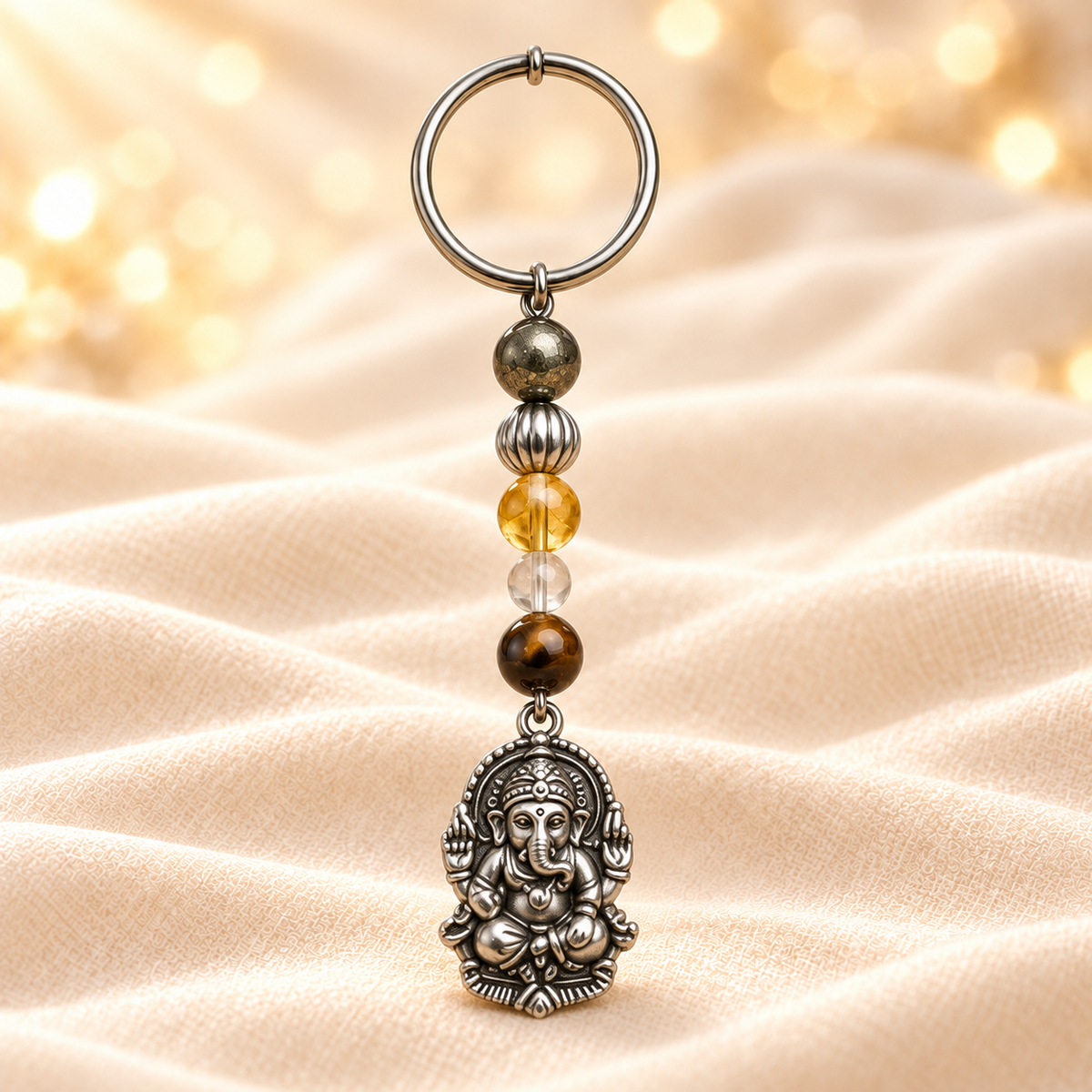 Gemstone Keychain – Pyrite, Citrine & Tiger Eye on champagne fabric
