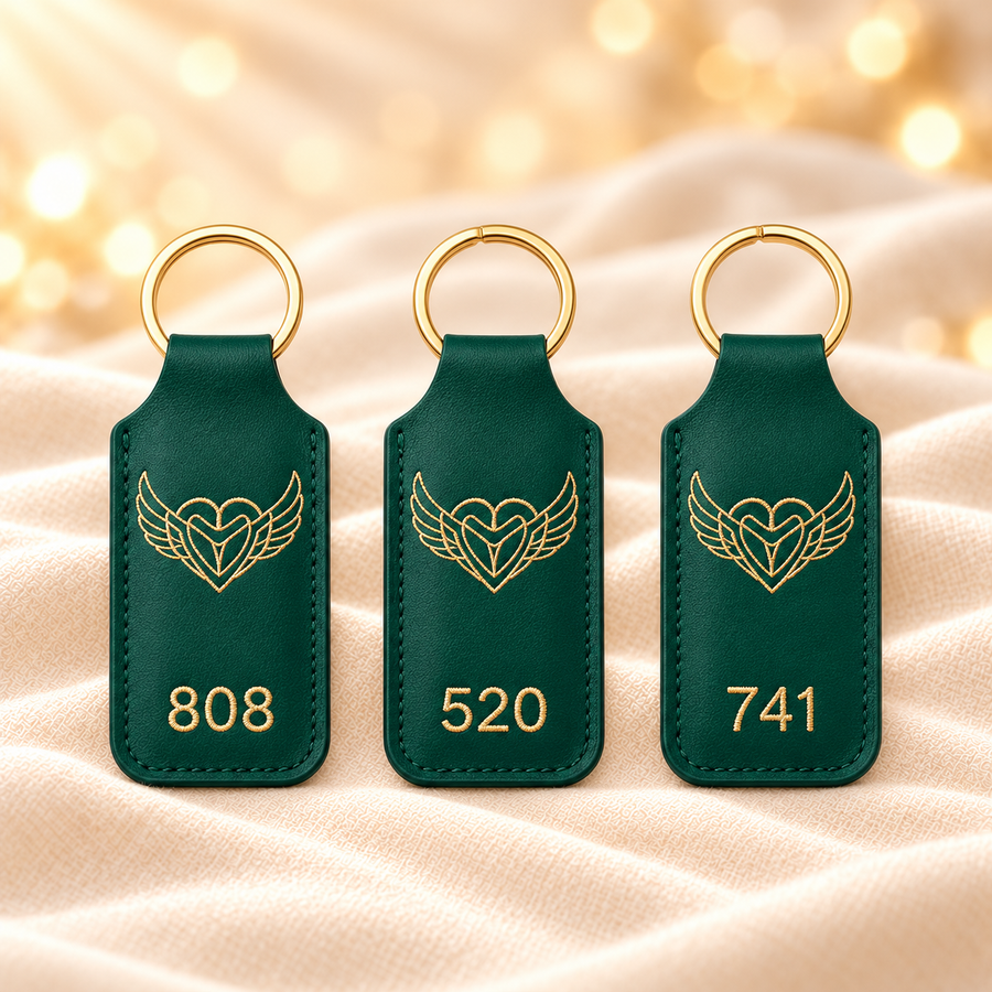 Number-Engraved Keychain on champagne fabric