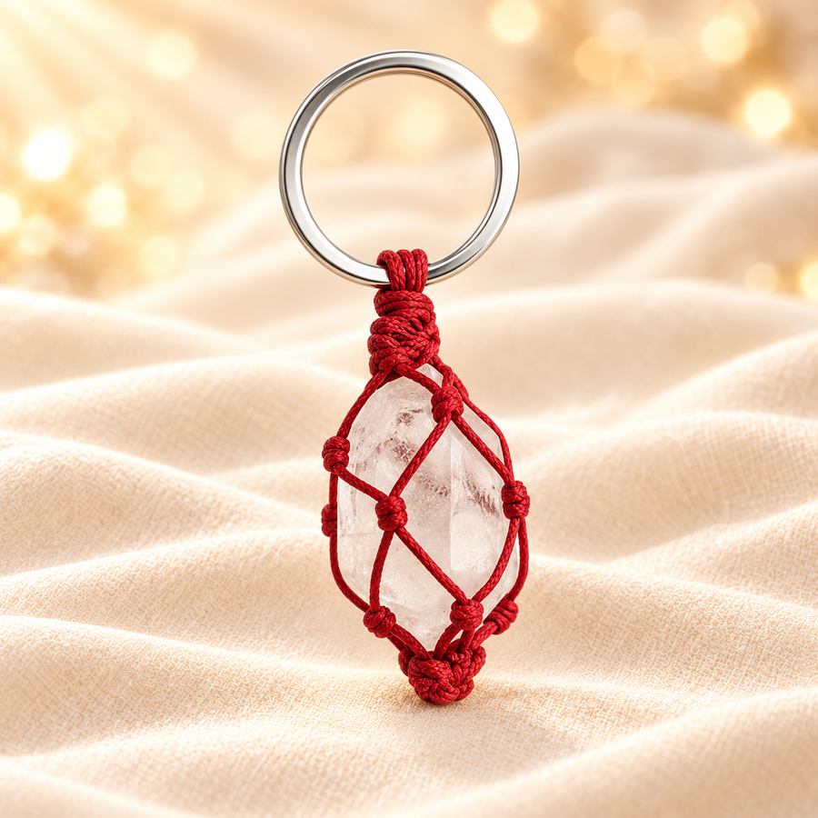 Clear Quartz Crystal Keychain – Natural Gemstone Accessory on champagne fabric
