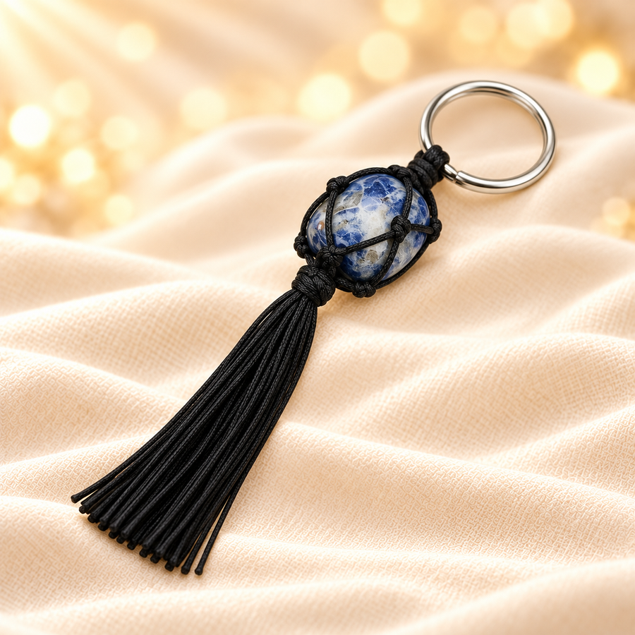Sodalite Crystal Keychain – Gemstone-Inspired Accessory on champagne fabric