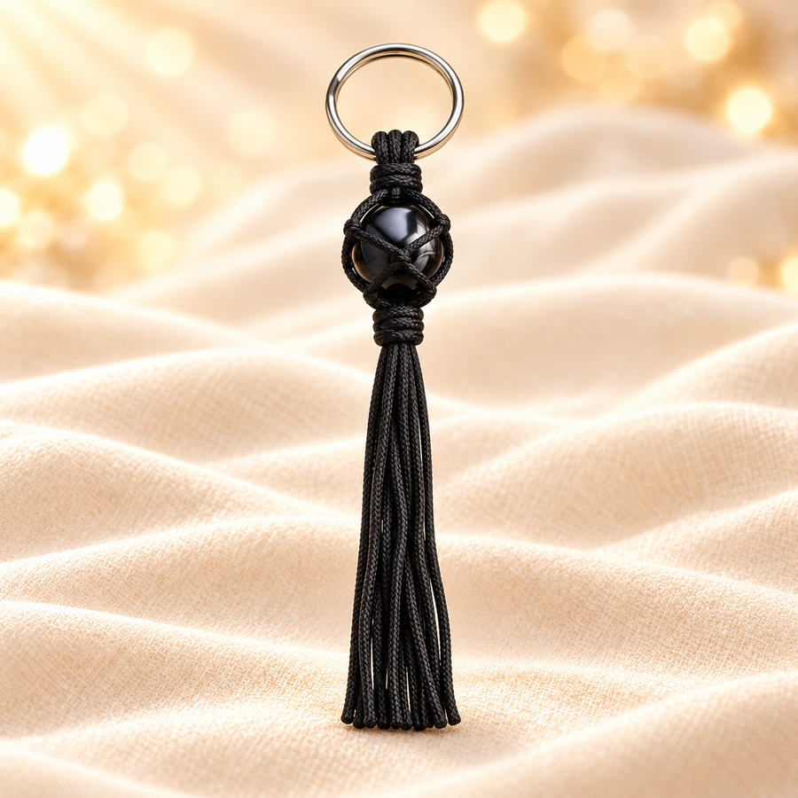 Black Obsidian Crystal Keychain – Natural Gemstone Accessory on champagne fabric